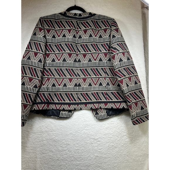 Tahari ASL Geometric Tribal Printed Black Red Tan Open Blazer Jacket Womens 10 - Picture 4 of 16